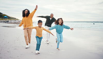 Buy stock photo Airplane, parents and children play on beach enjoying holiday, travel vacation and weekend together. Happy family, nature and mother, father and kids running for bonding, quality time and love by sea