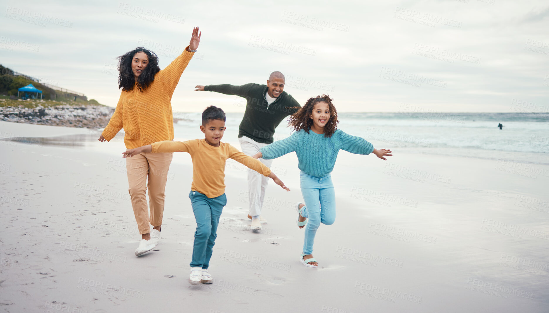 Buy stock photo Airplane, parents and children play on beach enjoying holiday, travel vacation and weekend together. Happy family, nature and mother, father and kids running for bonding, quality time and love by sea
