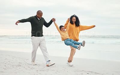 Buy stock photo Play, mother and father with child on beach enjoy holiday, travel vacation and weekend together. Happy family, parents and dad, mom and kid holding hands for bonding, quality time and swinging by sea