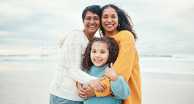Buy stock photo Portrait of grandmother, mom and girl on beach enjoying holiday, travel vacation and weekend together. Happy family, ocean and grandma smile with mother and child for bonding, quality time and love