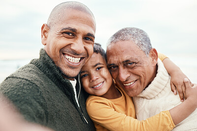 Buy stock photo Selfie, beach or black family with a father, son and grandfather posing outdoor in nature for a picture together. Portrait, love or kids with a senior man, child and grandson taking a photograph