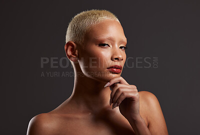 Buy stock photo Beauty, makeup and skincare, portrait of black woman in dark studio with platinum hair isolated on grey background. Art aesthetic, cosmetics and beautiful African model in skin glow and luxury facial