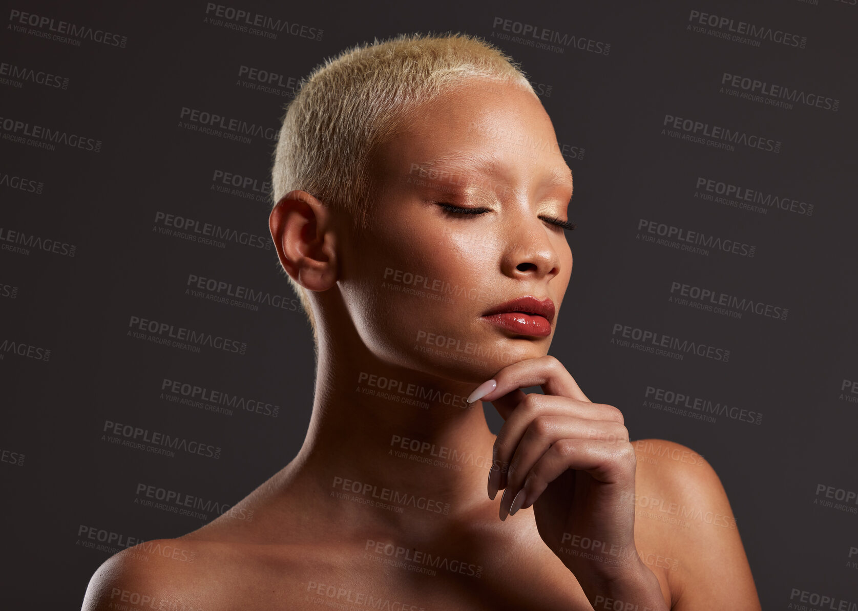 Buy stock photo Skincare, makeup and face of black woman, eyes closed and dark studio with platinum hair. Art aesthetic, cosmetics and beauty, African model isolated on grey background with glowing spa skin facial.