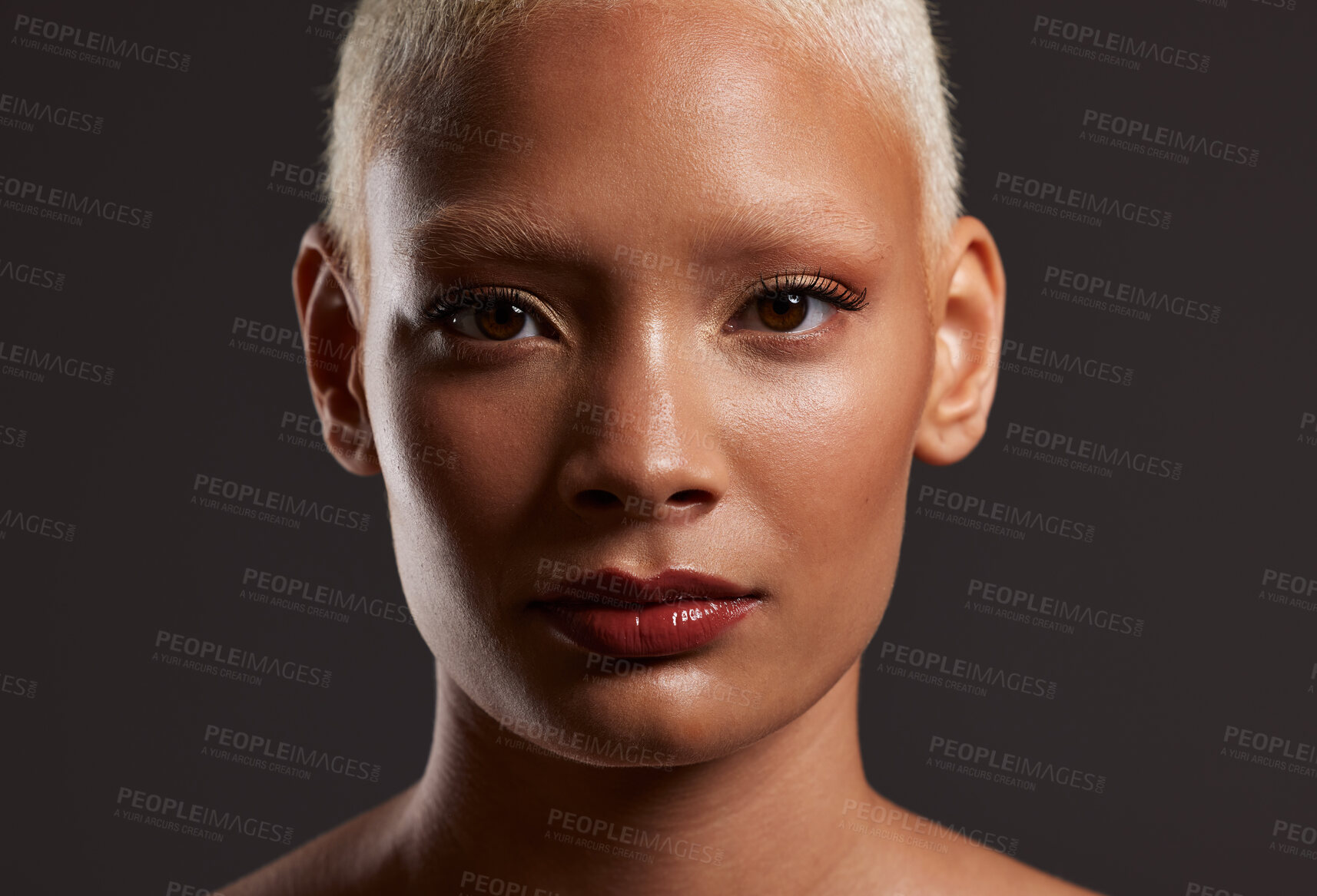 Buy stock photo Beauty, makeup and zoom, face of black woman in dark studio with platinum hair isolated on grey background. Art aesthetic, cosmetics and portrait of African model in skin glow and luxury spa facial.