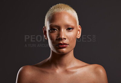 Buy stock photo Beauty, makeup and portrait of black woman in dark studio with platinum hair isolated on grey background. Art aesthetic, cosmetics and face of African model in skin glow and luxury spa facial promo.