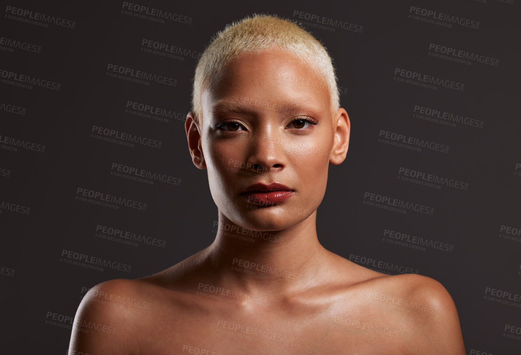 Buy stock photo Beauty, makeup and portrait of black woman in dark studio with platinum hair isolated on grey background. Art aesthetic, cosmetics and face of African model in skin glow and luxury spa facial promo.