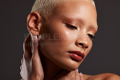 Buy stock photo Beauty, makeup and face of black woman in dark studio with platinum hair isolated on grey background. Art aesthetic, cosmetics and beautiful African model with skincare, luxury spa facial and zoom.