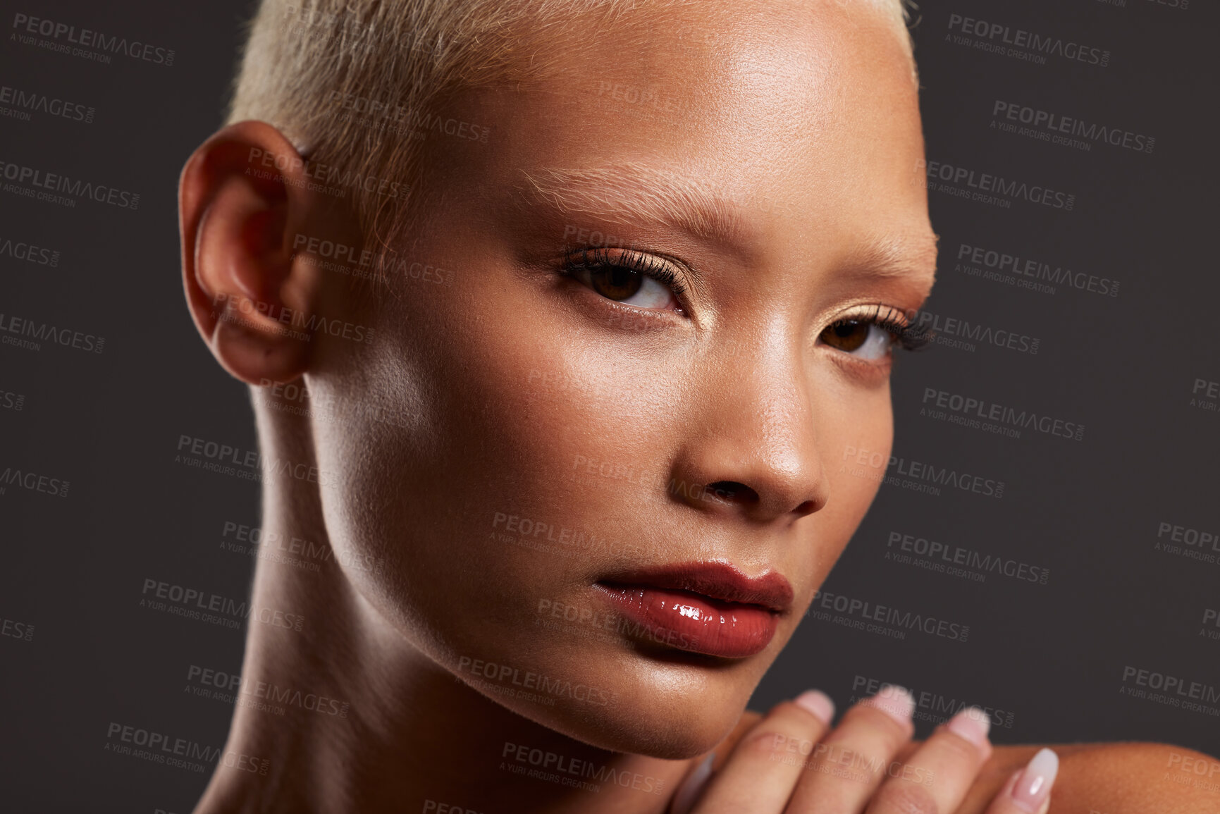 Buy stock photo Skincare, makeup and zoom, face of woman in dark studio with serious expression isolated on grey background. Art aesthetic, cosmetics and portrait of model in skin care glow and luxury spa facial.