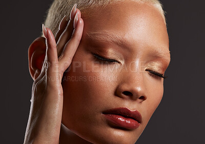 Buy stock photo Beauty, makeup and lipstick, face of black woman in dark studio with platinum hair isolated on grey background. Art aesthetic, cosmetics and beautiful African model in skin glow and luxury spa facial