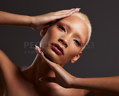 Buy stock photo Beauty, makeup and black woman with hands on face in dark studio, platinum hair isolated on grey background. Art aesthetic, cosmetics and African skincare model and luxury spa facial for bronze skin.