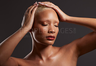 Buy stock photo Skincare, makeup and black woman with hands on head in dark studio, platinum hair isolated on grey background. Art aesthetic, cosmetics and African beauty model and luxury spa facial for bronze skin.