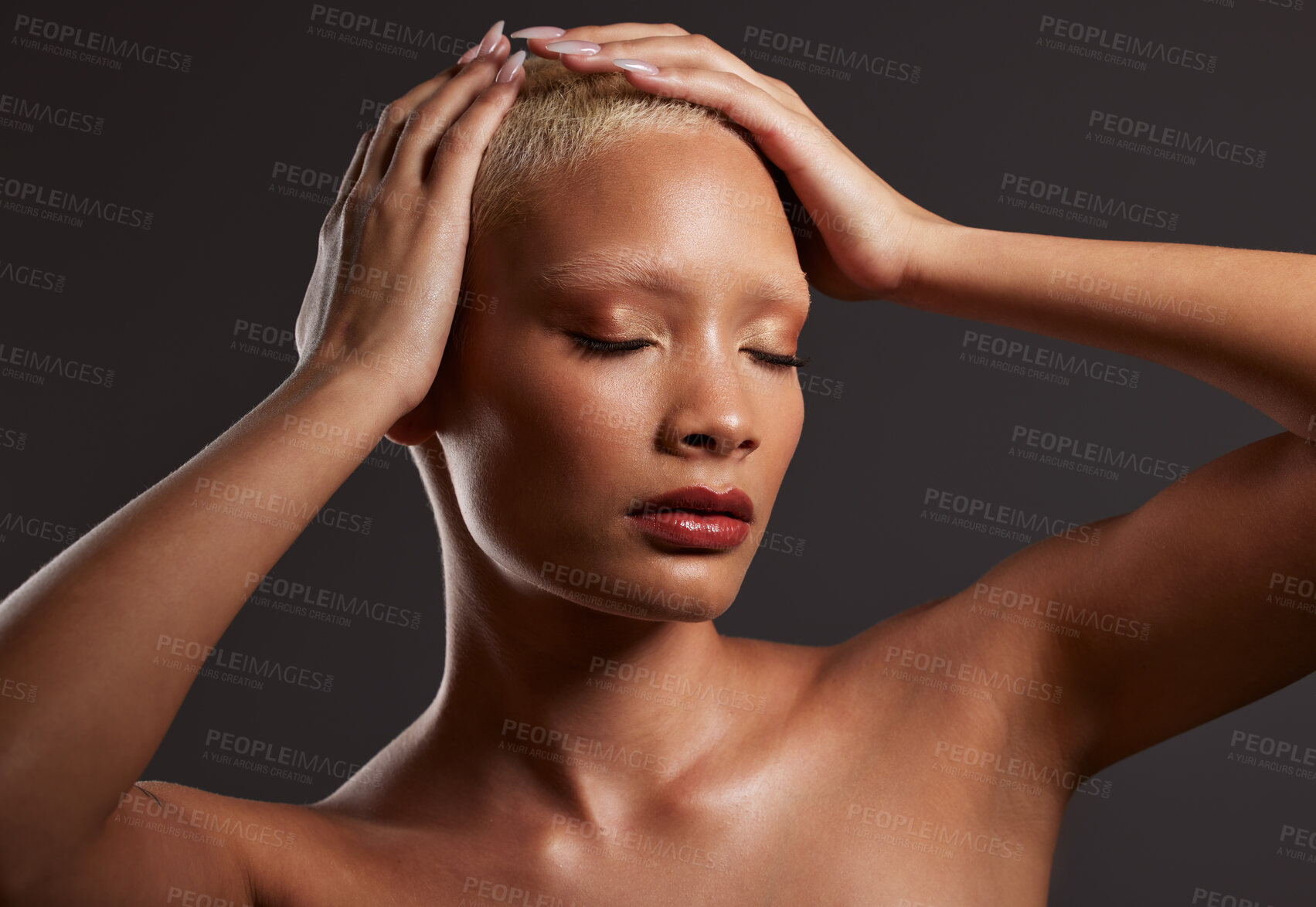 Buy stock photo Skincare, makeup and black woman with hands on head in dark studio, platinum hair isolated on grey background. Art aesthetic, cosmetics and African beauty model and luxury spa facial for bronze skin.