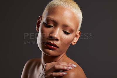 Buy stock photo Beauty, makeup and face of black woman with eyes closed in dark studio with platinum hair isolated on grey background. Art aesthetic, cosmetics and beautiful African model with glowing skin facial.