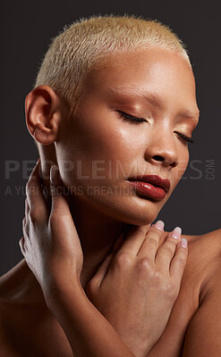 Buy stock photo Face of black woman, dark studio and makeup, platinum hair and beauty isolated on grey background. Skincare, art aesthetic and cosmetics, and beautiful African model in skin glow and edgy spa facial.
