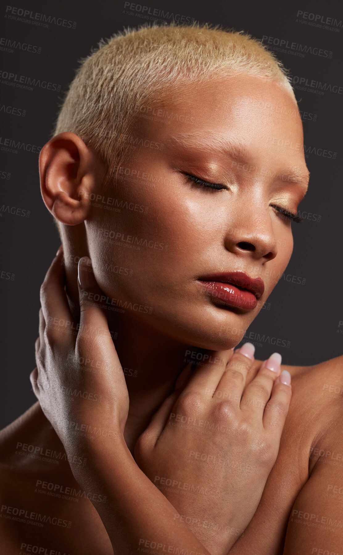 Buy stock photo Face of black woman, dark studio and makeup, platinum hair and beauty isolated on grey background. Skincare, art aesthetic and cosmetics, and beautiful African model in skin glow and edgy spa facial.