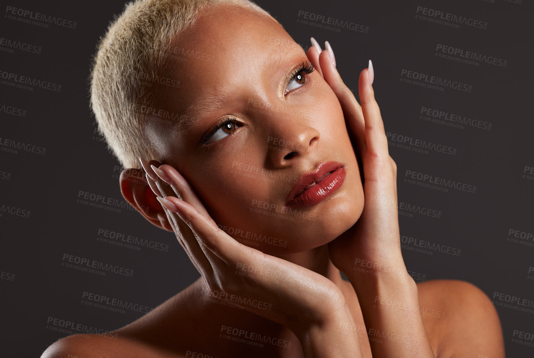 Buy stock photo Beauty, makeup and cosmetics, black woman looking up in dark studio with platinum hair isolated on grey background. Art aesthetic, cosmetics and beautiful African model in skin glow and luxury facial