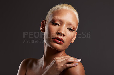 Buy stock photo Beauty, makeup and cosmetics, face of black woman in dark studio with platinum hair isolated on grey background. Art aesthetic, skincare and beautiful African model in skin glow and luxury spa facial