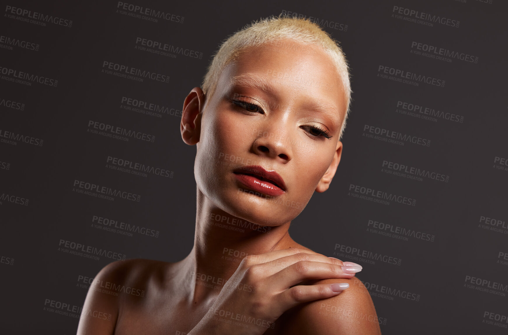 Buy stock photo Beauty, makeup and cosmetics, face of black woman in dark studio with platinum hair isolated on grey background. Art aesthetic, skincare and beautiful African model in skin glow and luxury spa facial