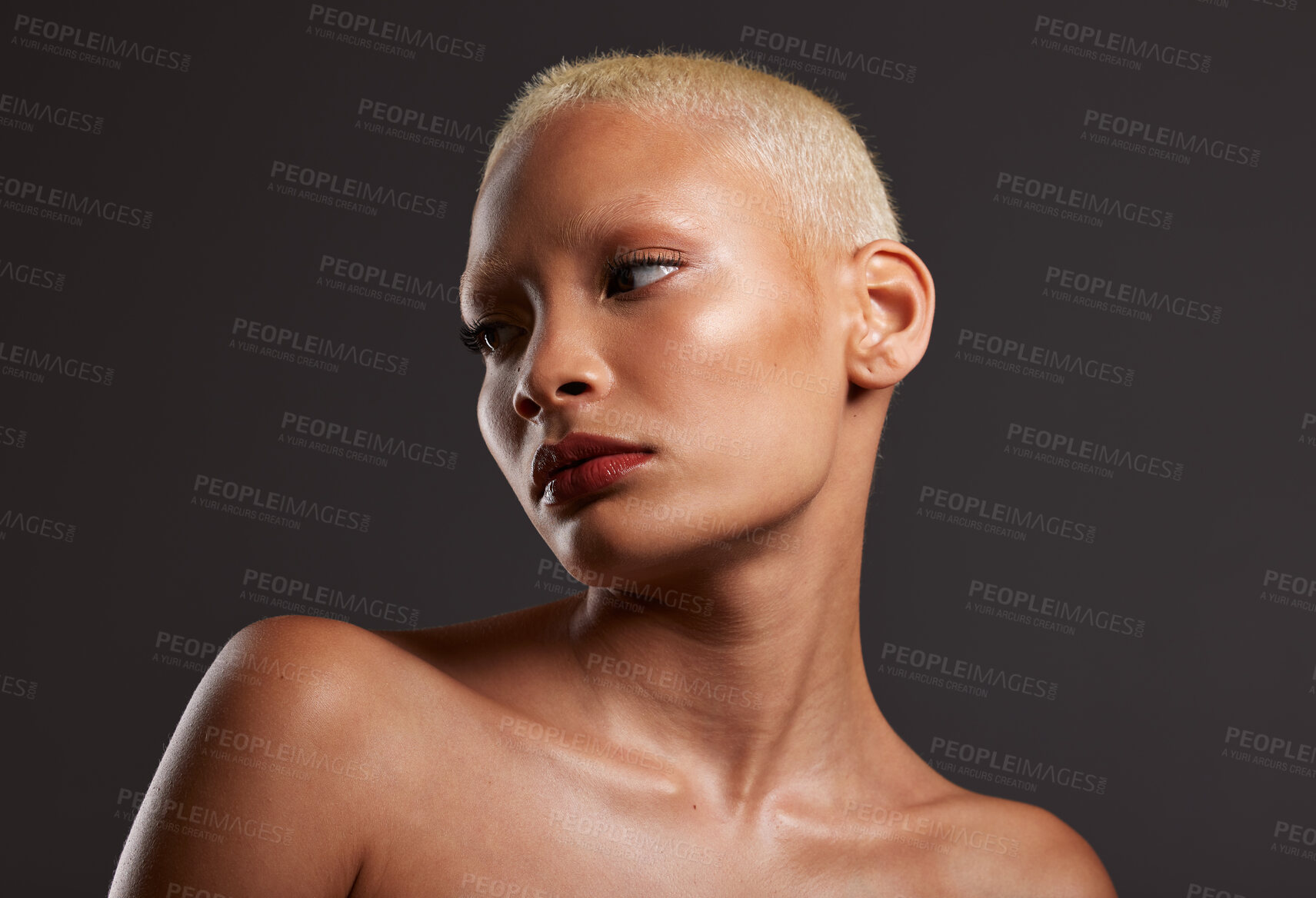 Buy stock photo Beauty, makeup and skincare, face of black woman in dark studio with platinum hair isolated on grey background. Art aesthetic, cosmetics and beautiful African model in skin glow and luxury spa facial