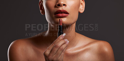 Buy stock photo Beauty, makeup and lips of woman with lipstick in studio for cosmetics, skincare products and fashion. Salon aesthetic, cosmetology and girl model with red gloss for beauty, mouth and luxury style