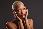 Makeup, cosmetics and skincare, portrait of black woman in dark studio with platinum hair style isolated on grey background. Art, aesthetic and relax, African model in skin glow and luxury spa facial