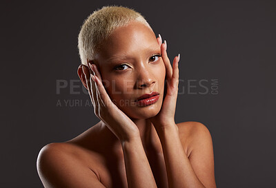 Buy stock photo Makeup, cosmetics and skincare, portrait of black woman in dark studio with platinum hair style isolated on grey background. Art, aesthetic and relax, African model in skin glow and luxury spa facial