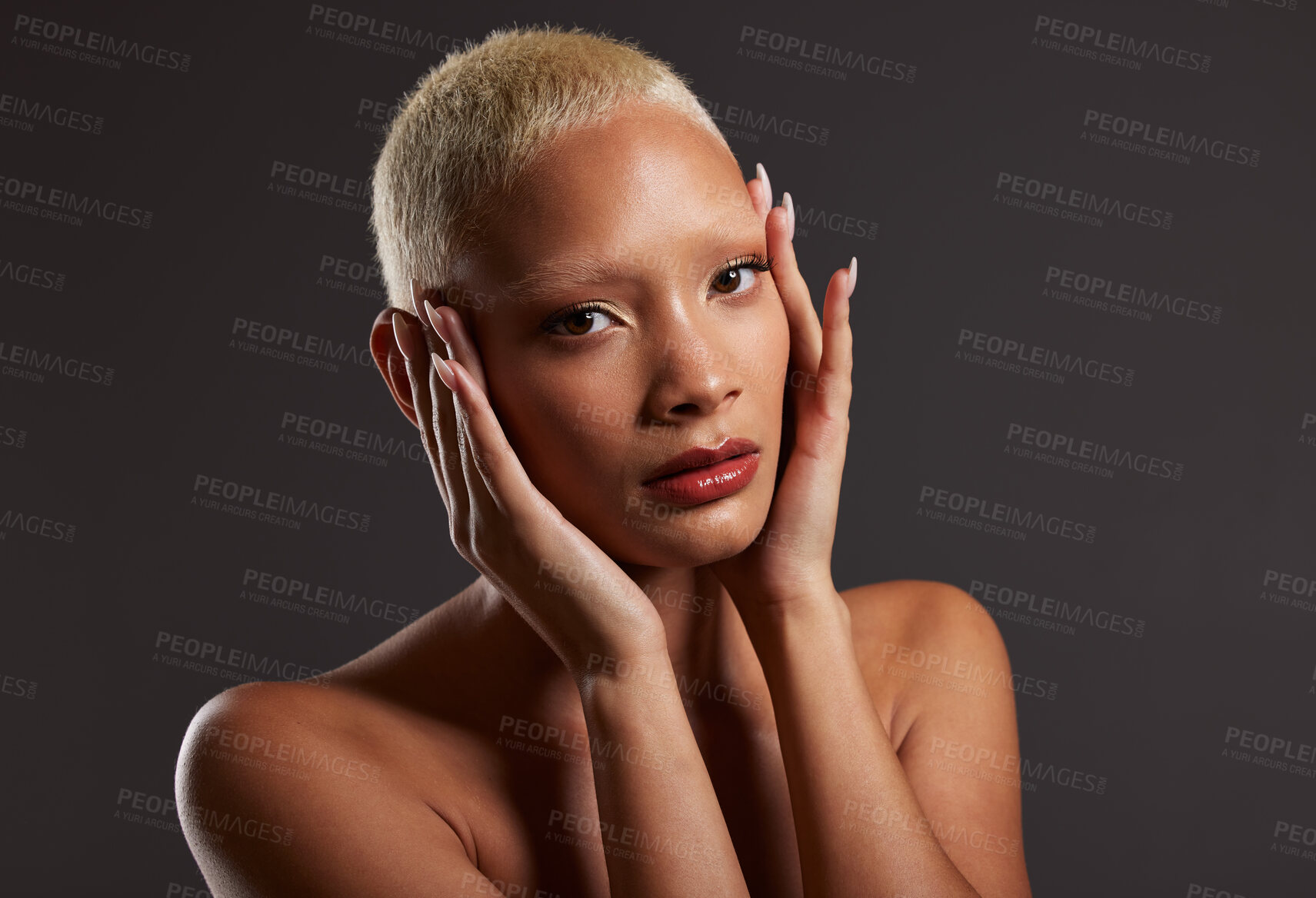Buy stock photo Makeup, cosmetics and skincare, portrait of black woman in dark studio with platinum hair style isolated on grey background. Art, aesthetic and relax, African model in skin glow and luxury spa facial