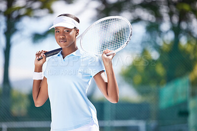 Buy stock photo Sports, fitness and tennis with portrait of black woman on court and training for wellness, match and workout. Focus, ready and exercise with athlete playing game for cardio, health and competition 