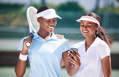 Buy stock photo Phone, sports and tennis team of women at court for training, workout or morning cardio, happy and bonding. Social media, friends and health influencer live streaming during fitness for blog or post