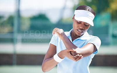 Buy stock photo Tennis, woman and elbow injury from sports with pain, first aid emergency and medical health risk. Black female, athlete and arm accident on training court of mistake, body problem and injured muscle
