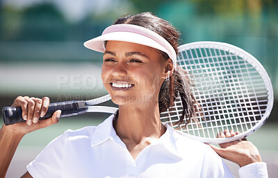 Buy stock photo Sports, tennis and black woman outdoor, happiness and success with training, workout and wellness. Female player, lady and athlete on court, racket and practice for match, competition and healthy