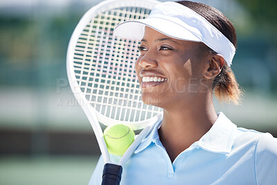 Buy stock photo Tennis, face or smile of black woman on court ready for match, game or sports competition in summer. Fitness, girl or happy, proud confident female athlete in Nigeria preparing for training workout
