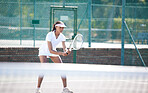 Tennis fitness, outdoor match and woman hit a sports ball with a racket on a exercise court. Sport game, workout competition and young female doing cardio action for wellness and health in summer