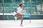 Winner, tennis and woman athlete in celebration while playing a match or training on an outdoor court. Sports, fitness and woman player winning while practicing for a game at a stadium with victory.