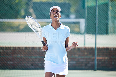 Buy stock photo Tennis, winner and celebration of black woman on court after winning match, game or competition. Achievement, success and happy female athlete celebrate sports, workout targets or exercise goals.