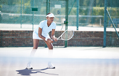 Buy stock photo Tennis, outdoor match and black woman wait for sports ball serve with a racket on exercise court. Sport game, workout competition and young female ready for wellness and health challenge in summer