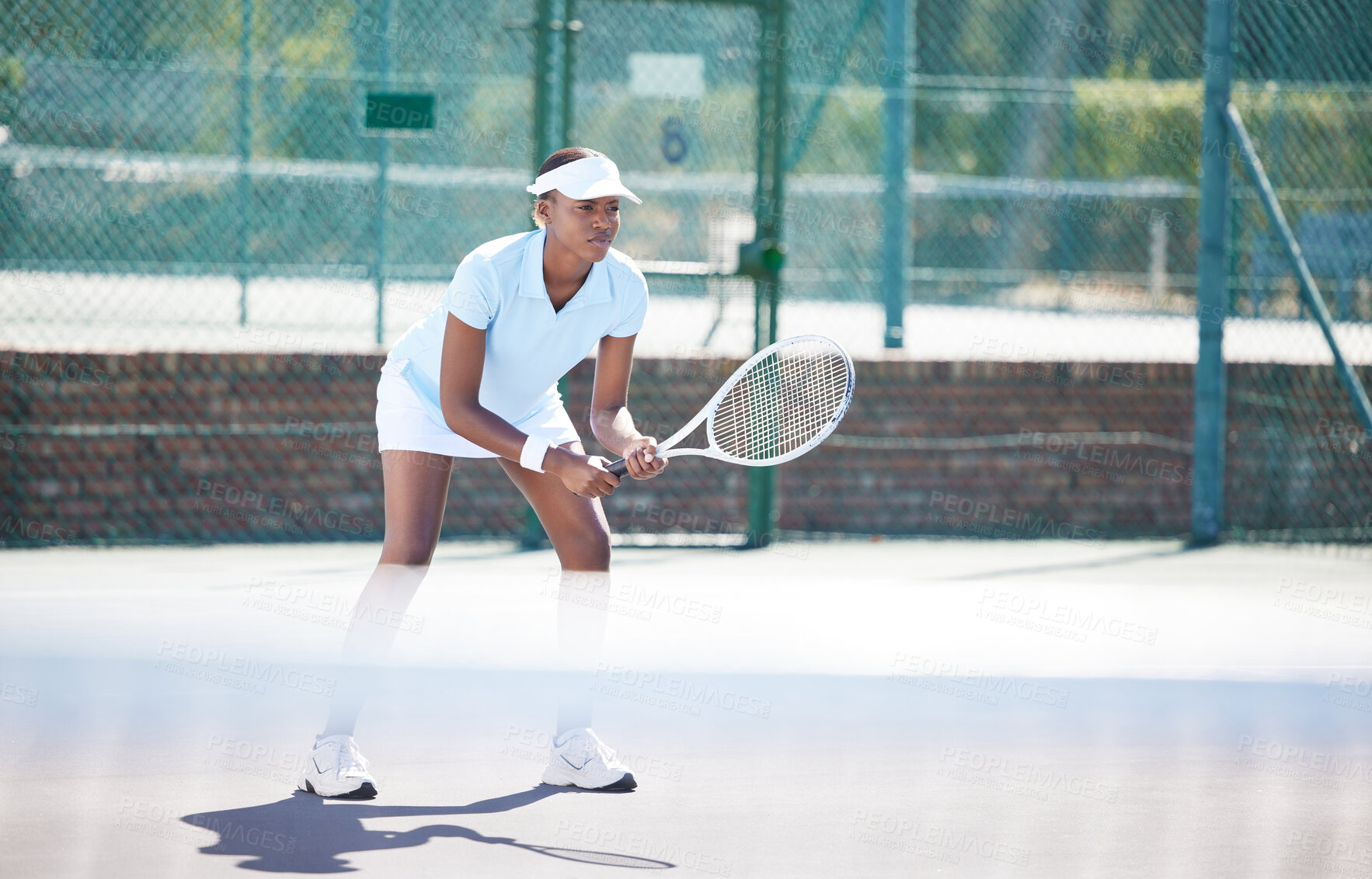 Buy stock photo Tennis, outdoor match and black woman wait for sports ball serve with a racket on exercise court. Sport game, workout competition and young female ready for wellness and health challenge in summer