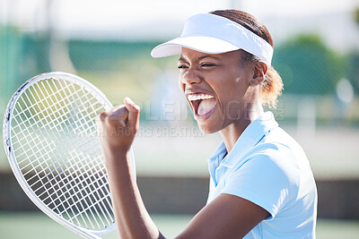 Buy stock photo Winner, tennis and celebration of black woman on court after winning match, game or competition. Achievement, success and happy or excited female athlete celebrate sports, workout or exercise goals.