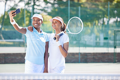 Buy stock photo Tennis, friends and selfie at court for training, match or exercise on blurred background. Sports, women and social media influencer smile for photo, profile picture or blog while live streaming