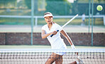 Exercise, tennis sports and woman on court outdoors for match, game or competition. Training, summer and female athlete with racket for exercising, practice or workout for wellness, health or fitness