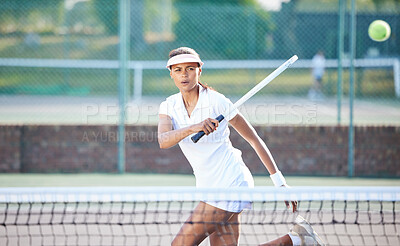 Buy stock photo Exercise, tennis sports and woman on court outdoors for match, game or competition. Training, summer and female athlete with racket for exercising, practice or workout for wellness, health or fitness