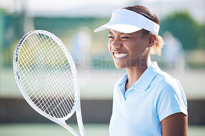 Buy stock photo Winner, tennis and smile of black woman on court after winning match, game or competition. Thinking, success and happy, proud or excited female athlete with sports target, workout or exercise goals.