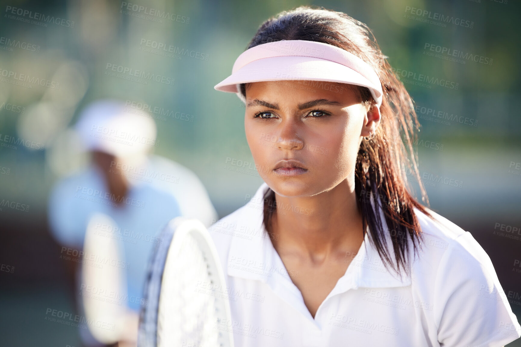 Buy stock photo Serious, fitness and tennis with woman on court for focus, training and sports workout. Competition match, exercise and games with female athlete playing for strong, summer and concentration 