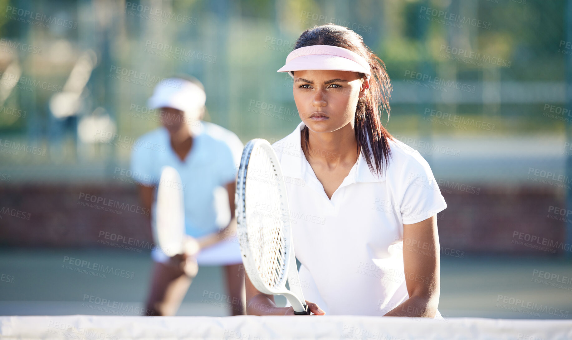 Buy stock photo Tennis, sport and serious woman on outdoor court, training and fitness with collaboration and ready for game. Exercise, workout and female wait for serve, determined athlete and workout with racket