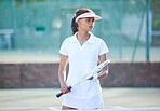Tennis, start or serious woman on court ready for match, training game or match in competition. Fitness, sports racket or focused young female athlete in Spain to begin cardio workout or exercise