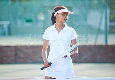 Buy stock photo Tennis, start or serious woman on court ready for match, training game or match in competition. Fitness, sports racket or focused young female athlete in Spain to begin cardio workout or exercise