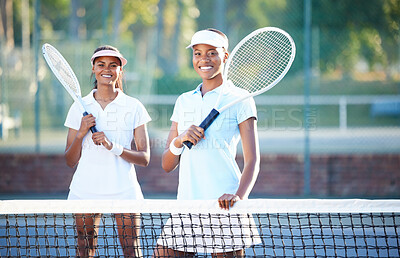 Buy stock photo Tennis, team and portrait with women on outdoor court, sports and fitness with collaboration and ready for game. Exercise, workout and female smile, athlete and workout with partnership and racket