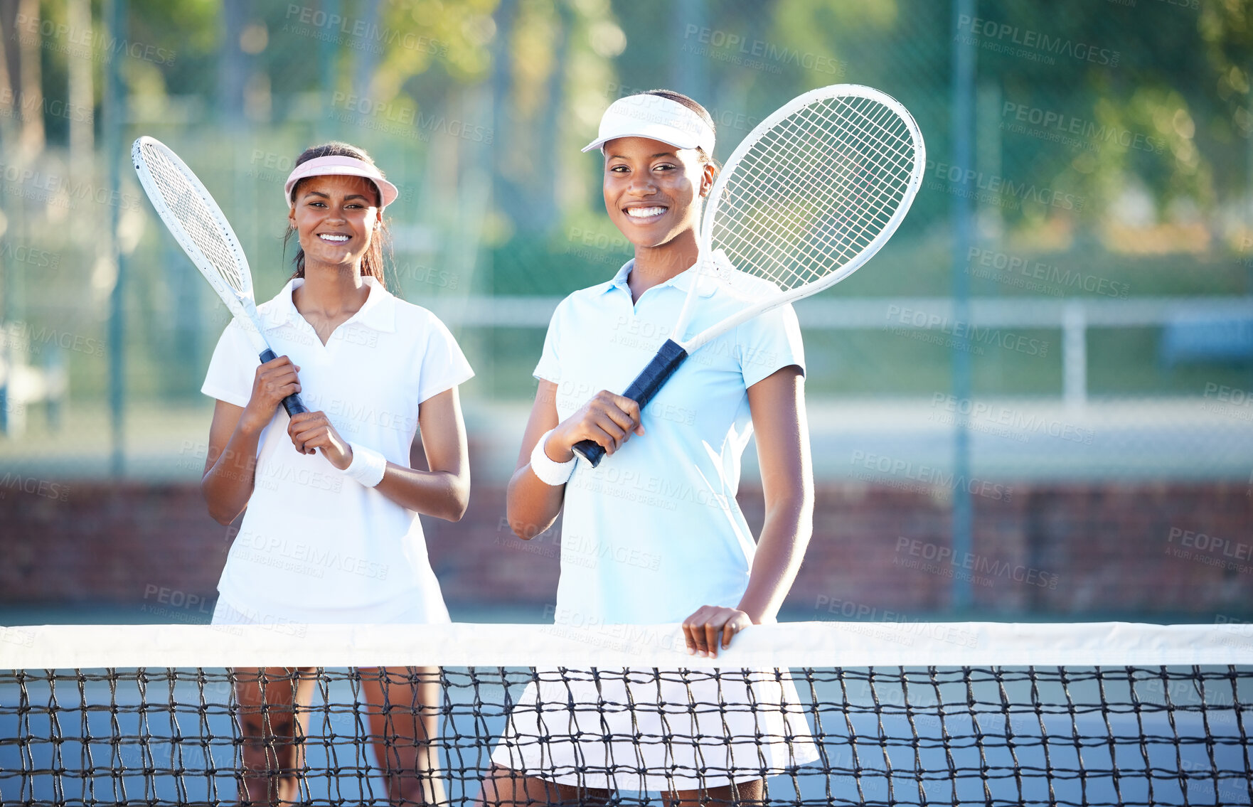 Buy stock photo Tennis, team and portrait with women on outdoor court, sports and fitness with collaboration and ready for game. Exercise, workout and female smile, athlete and workout with partnership and racket