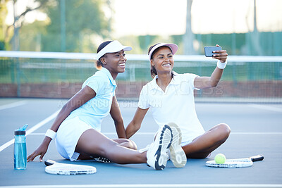 Buy stock photo Tennis, selfie and happy black women on court after match, game or competition. Teamwork, sunset smile and girls, friends or athletes taking photo for sports memory, social media or profile picture.