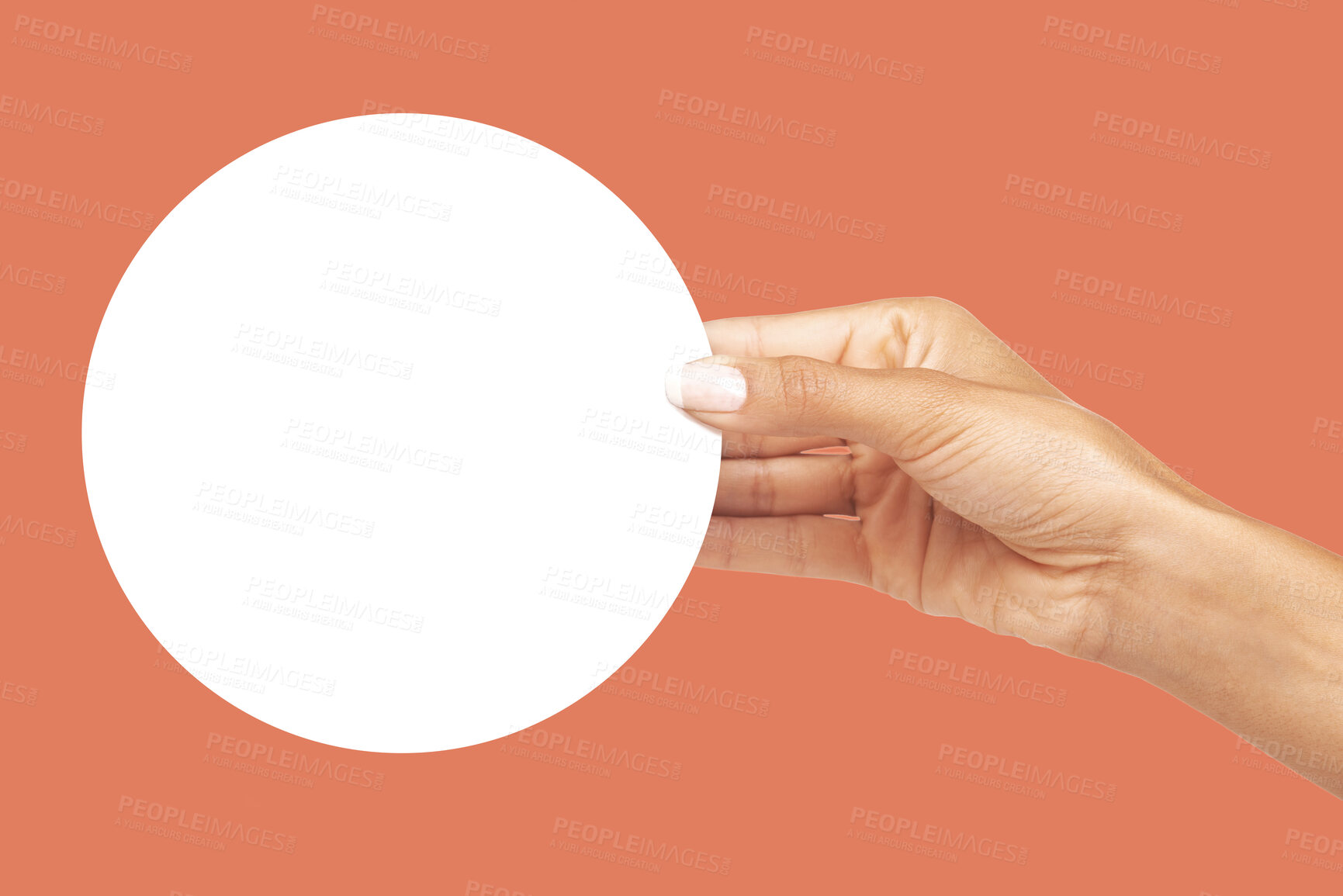 Buy stock photo Hands, billboard and circle shape mockup for advertising, branding or marketing against studio background. Hand holding round poster, placard or empty banner for message, text or brand on copy space